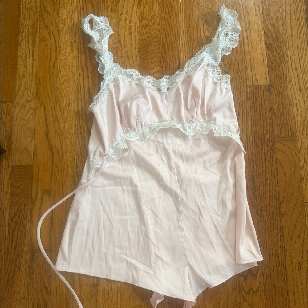 REVOLVE Pale Pink Lace-Trimmed Satin Romper
